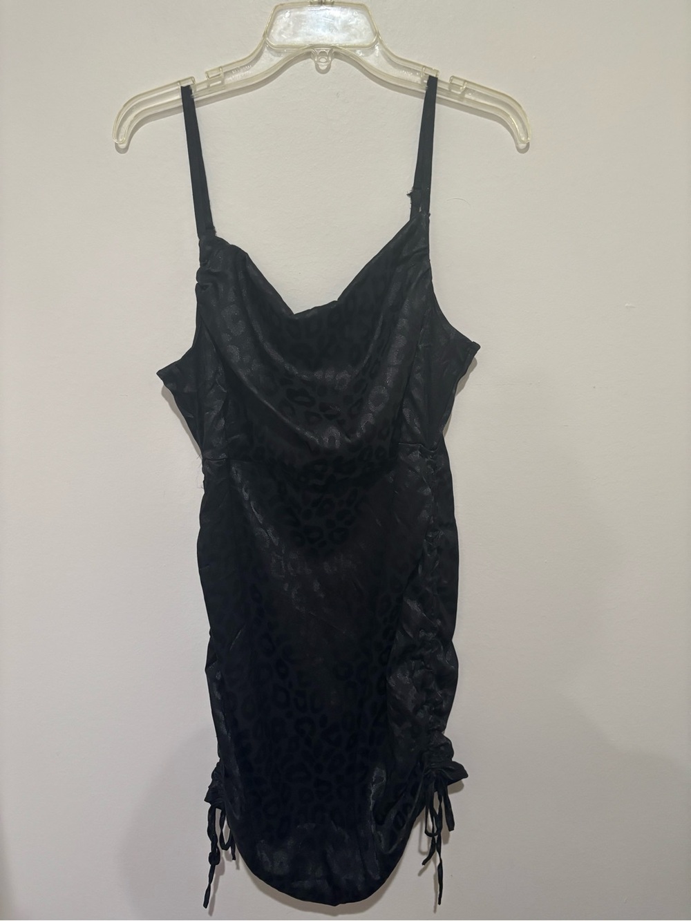 Black Satin Leopard-Print Cowl Neck Slip Dress